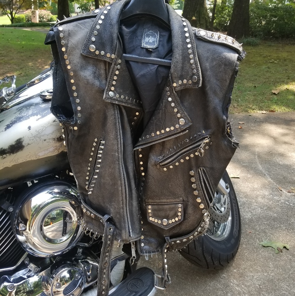 Studded Distressed Leather Motorcycle Jacket Vest